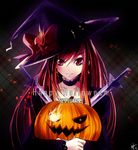  achiba choker dress erza_scarlet fairy_tail halloween happy_halloween hat jack-o'-lantern long_hair pumpkin red_eyes red_hair solo sword weapon witch witch_hat 