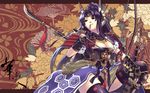  armor bow_(weapon) breasts character_request cleavage copyright_request highres hirano_katsuyuki large_breasts mouth_hold polearm ponytail purple_eyes purple_hair solo sword thighhighs wallpaper weapon 