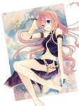  bad_id bad_pixiv_id bare_shoulders barefoot belt black_skirt blue_eyes detached_sleeves feet hands long_hair long_skirt megurine_luka midriff navel pink_hair side_slit sitting skirt sleeveless smile solo suzu_(pixiv434527) vocaloid 