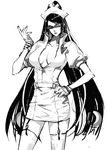  bayonetta bayonetta_(character) beauty_mark black_hair buchinekojapan glasses hands_on_hips hat long_hair mole monochrome nurse nurse_cap nurse_uniform thigh-highs thighhighs uniform very_long_hair wink 