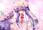  bare_shoulders blush bow breasts dual_persona eye_contact feathers girl_on_top hair_bow hat holding_hands iganseijin large_breasts long_hair looking_at_another lying mouth_hold multiple_girls naughty_face no_nose off_shoulder patchouli_knowledge purple_eyes purple_hair selfcest striped touhou yuri 
