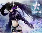  armor bad_id bad_pixiv_id belt black_hair black_rock_shooter burning_eye fangs insane_black_rock_shooter loose_belt midriff navel ovos purple_eyes smile solo stitches twintails uneven_twintails 