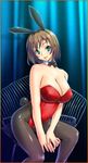  animal_ears aqua_eyes bad_id bad_pixiv_id bare_shoulders blue_hair breasts brown_eyes brown_hair bunny_ears bunny_tail bunnysuit chair cleavage feet_out_of_frame hands hayama_kazusa highres large_breasts original pantyhose short_hair sitting solo tail 