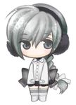  boots braid chibi coat earmuffs full_body hair_ribbon long_hair lowres ponytail ribbon sekka_yufu silver_eyes silver_hair simple_background skirt solo standing tsunoyomogi_amahashi utau 