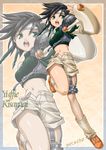  armor bad_anatomy black_hair final_fantasy final_fantasy_vii fishnets green_eyes headband kedo_mitsuharu looking_up midriff open_fly running short_hair shorts sleeveless sleeveless_turtleneck solo turtleneck unzipped yuffie_kisaragi zoom_layer 