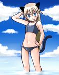  animal_ears arm_behind_head bikini blonde_hair blue_eyes cat_ears cat_tail day flat_chest grin hand_on_hip helma_lennartz long_hair navel smile solo swimsuit tail tanaka_rikimaru tankini wading water world_witches_series 