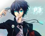  armband blue_eyes blue_hair evoker gun gun_to_head headphones hoe_(dbp) holding holding_gun holding_weapon male_focus persona persona_3 school_uniform solo weapon yuuki_makoto 