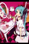  aqua_eyes aqua_hair bad_id bad_pixiv_id blush flower hair_ribbon hatsune_miku lamp long_hair mirror ribbon rose shoes sitting skirt solo stuffed_animal stuffed_toy teddy_bear thighhighs twintails usami_(pixiv1360061) vocaloid world_is_mine_(vocaloid) zettai_ryouiki 