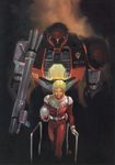  70s 80s absurdres bazooka blonde_hair char_aznable gundam helmet highres male_focus mecha mobile_suit_gundam oldschool pilot_suit science_fiction solo weapon yasuhiko_yoshikazu zaku zaku_i 