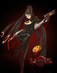  amulet bayonetta bayonetta_(character) black_eyes black_hair bodysuit breasts cleavage dual_wielding elbow_gloves glasses gloves gun hair_bun hair_ribbon high_heels holding laio leg_up long_hair medium_breasts mole mole_under_mouth ribbon shoes solo standing standing_on_one_leg very_long_hair weapon 