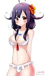  ahoge bikini blush cowboy_shot flower flying_sweatdrops frilled_bikini frills hair_flower hair_ornament jewelry kantai_collection looking_at_viewer navel necklace necktie pendant purple_eyes purple_hair red_eyes red_neckwear short_hair simple_background solo standing swimsuit taigei_(kantai_collection) white_background white_bikini yuuki_hb 