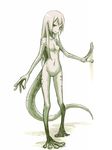  1girl animal_tail izumi000 lizard_girl long_hair monster_girl navel no_nipples no_pussy nude original simple_background solo tail white_background yellow_eyes 