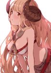  :o absurdres anila_(granblue_fantasy) blonde_hair blush breasts brown_eyes cleavage draph en@rain eyebrows granblue_fantasy highres horns large_breasts leaning_forward long_hair looking_at_viewer orange_eyes sheep_horns simple_background solo upper_body very_long_hair white_background 