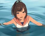  bad_id bad_twitter_id brown_eyes brown_hair i-401_(kantai_collection) kantai_collection looking_at_viewer partially_submerged ponytail sailor_collar school_swimsuit school_uniform solo swimsuit swimsuit_under_clothes youmak 