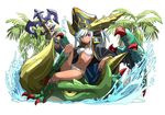  bikini dark_skin dragon dragon_girl dragon_horns full_body graviton_earth_dragon green_sonia_(p&amp;d) hat head_fins heterochromia horns long_hair navel official_art puzzle_&amp;_dragons simple_background solo_focus swimsuit white_background white_bikini youichi 