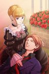  1girl beatrice black_battler blonde_hair blue_eyes bow choker closed_eyes dress flower hair_bun konoe_(fogtracks) lap_pillow necktie red_hair rose umineko_no_naku_koro_ni ushiromiya_battler 