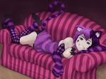  animal_ears animal_tail bell blue_eyes bow breasts cat_ears cat_tail cheshire_cat cheshire_cat_(mamono_girl_lover) cheshire_cat_(monster_girl_encyclopedia) cleavage couch female grin large_breasts looking_at_viewer lying mamono_girl_lover mithril monster_girl_encyclopedia multicolored_hair pink_hair purple_hair shiny_skin shoes short_hair smile socks solo tail 