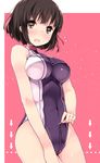  black_hair blush breasts brown_eyes commentary_request covered_navel crotch_zipper flying_sweatdrops haguro_(kantai_collection) kantai_collection large_breasts one-piece_swimsuit open_mouth refeia short_hair simple_background skin_tight swimsuit tears zipper 