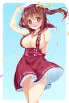 @_@ bad_id bad_pixiv_id blush breasts brown_hair cleavage collar cowboy_shot ebina_nana hat highres himouto!_umaru-chan ichi_makoto large_breasts long_hair looking_at_viewer naked_suspenders no_shirt open_mouth petals red_eyes sailor_collar school_uniform solo suspenders twintails wavy_mouth 