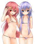  :o bikini blue_eyes blue_hair blush collarbone cowboy_shot crescent crescent_hair_ornament flat_chest hair_ornament kantai_collection long_hair looking_at_viewer micro_bikini mizushina_minato multiple_girls navel red_eyes red_hair short_hair_with_long_locks simple_background swimsuit uzuki_(kantai_collection) v white_background yayoi_(kantai_collection) 