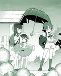  1boy 2girls backpack bag blush carrying_over_shoulder case child cosplay creature flower fusion gamagoori_ira giving holding holding_umbrella hydrangea kill_la_kill kiryuuin_satsuki kusakabe_mei kusakabe_mei_(cosplay) kusakabe_satsuki kusakabe_satsuki_(cosplay) looking_away mankanshoku_mako matoi_ryuuko monochrome multiple_girls namesake outdoors outstretched_arm over_shoulder rain randoseru sanageyama_uzu shinai shorts sword tonari_no_totoro totoro umbrella weapon weapon_over_shoulder younger 