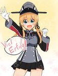  :d anchor_hair_ornament atsushi_(aaa-bbb) blue_eyes german gloves hair_ornament hat kantai_collection looking_at_viewer military military_uniform open_mouth orange_hair peaked_cap pleated_skirt prinz_eugen_(kantai_collection) skirt smile solo translated twintails uniform white_gloves 