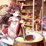  ;q album_cover apron ascot barrel beamed_eighth_notes beamed_sixteenth_notes beamed_thirty-second_notes blush bow brown_hair cheese cheese_wheel commentary_request cover detached_sleeves dotted_quarter_note eighth_note flat_sign food hair_bow hair_tubes hakurei_reimu half_note indoors instrument knees_together_feet_apart licking_lips long_hair looking_at_viewer miyase_mahiro musical_note one_eye_closed quarter_rest red_eyes ribbon-trimmed_sleeves ribbon_trim saxophone sharp_sign shelf sixteenth_note sixteenth_rest smile solo staff_(music) stirring thighhighs thirty-second_note tongue tongue_out touhou treble_clef 