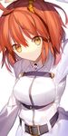  ahoge arm_up belt brown_eyes brown_hair buckle chaldea_uniform fate/grand_order fate_(series) fujimaru_ritsuka_(female) highres looking_at_viewer orange_scrunchie scrunchie shinooji short_hair side_ponytail simple_background smile solo uniform white_background 