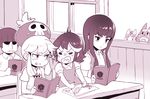  1boy 3girls angry blush_stickers book child confrontation cosplay crayon creature desk drawing eye_contact fusion hat jakuzure_nonon kill_la_kill kiryuuin_satsuki kusakabe_mei kusakabe_mei_(cosplay) kusakabe_satsuki kusakabe_satsuki_(cosplay) looking_at_another mankanshoku_mako mankanshoku_matarou matoi_ryuuko monochrome multiple_girls namesake reading school school_desk senketsu skull student studying tonari_no_totoro window younger 