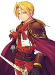 blonde_hair blue_eyes bow_(weapon) cape fire_emblem fire_emblem:_monshou_no_nazo gloves hoge_kinoko jeorge_(fire_emblem) long_hair low_ponytail male_focus simple_background solo weapon white_background 