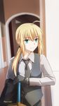  ahoge artist_name artoria_pendragon_(all) bad_id bad_pixiv_id blonde_hair dress_shirt excalibur fate/stay_night fate/zero fate_(series) gloves green_eyes highres magicians_(zhkahogigzkh) necktie ponytail saber shirt solo sword vest weapon 