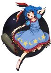  ambiguous_red_liquid animal_ears blue_dress blue_hair bunny_ears circle collarbone crescent dress ear_clip full_body full_moon harusame_(unmei_no_ikasumi) highres holding kine looking_to_the_side mallet moon night open_mouth puffy_short_sleeves puffy_sleeves red_eyes seiran_(touhou) shadow short_hair short_sleeves simple_background skirt solo stain star tears touhou weapon white_background 