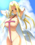  blonde_hair blue_eyes blush breasts cape cloud covered_nipples day groin hat hima large_breasts long_hair mint_adenade sky solo tales_of_(series) tales_of_phantasia very_long_hair 