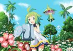  :d airana antenna_hair blue_sky cloud creature daisy day dress floating flower green_eyes green_hair hibiscus marona_(phantom_brave) open_mouth outdoors palm_tree phantom_brave ponytail putty_(phantom_brave) red_eyes short_dress short_hair skirt sky sleeveless sleeveless_dress smile tree water water_drop watering watering_can 