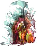  a_song_of_ice_and_fire armor armored_boots axe bangs bare_shoulders black_gloves blush boots breastplate breasts cleavage closed_mouth forehead_protector frown game_of_thrones gloves gorget green_eyes halberd high_ponytail holding holding_sword holding_weapon iesupa iron_throne long_hair looking_away medium_breasts planted_sword planted_weapon polearm pyrrha_nikos red_hair rwby sash scythe shield sitting solo strapless sword vambraces weapon white_background 