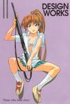  assault_rifle bow bow_bra bra copyright_name elf_wo_karu_mono-tachi full_body gotou_keiji gun high_ponytail highres holding holding_gun holding_weapon inoue_ritsuko long_hair looking_at_viewer m16a1 open_clothes open_shirt orange_hair panties panty_peek pantyshot pantyshot_(sitting) ponytail purple_background red_eyes rifle scan school_uniform shirt shoes simple_background sitting skirt smile sneakers solo spread_legs unbuttoned unbuttoned_shirt underwear weapon 