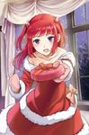  alternate_eye_color christmas curtains dress gift hair_bobbles hair_ornament incoming_gift konoe_(fogtracks) mittens open_mouth purple_eyes red_hair smile solo two_side_up umineko_no_naku_koro_ni ushiromiya_ange window 