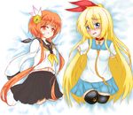  2girls :q amputee bed bell bell_collar blonde_hair blue_eyes blush collar hair_ribbon kirisaki_chitoge looking_at_viewer mikeysukairain multiple_girls necktie nisekoi on_bed open_mouth orange_eyes orange_hair quadruple_amputee ribbon school_uniform serafuku skirt smile tachibana_marika tears tharitkung very_long_hair white_background 