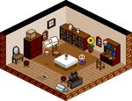  alice_margatroid blonde_hair blue_eyes bookshelf bow capelet doll dress floorplan flower hairband isometric kaelu pixel_art ribbon sewing_machine shanghai_doll short_hair solo sunflower touhou 