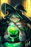  ahoge btraphen crystal_ball fur_trim glowing green_hair hat looking_at_viewer mobile moon original signature smile solo star sun test_tube test_tube_rack vial witch witch_hat yellow_eyes 