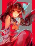  ascot bow brown_hair detached_sleeves grey_background hair_bow hair_tubes hakurei_reimu highres long_hair looking_at_viewer lyiet midriff open_mouth red_background red_eyes ribbon-trimmed_sleeves ribbon_trim sitting solo striped striped_background touhou upper_body vertical-striped_background vertical_stripes watermark web_address wind 
