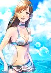  bajinappo ball beachball bikini breasts brown_eyes brown_hair hairband highres idolmaster idolmaster_cinderella_girls long_hair medium_breasts nitta_minami open_mouth smile solo swimsuit venus_syndrome wading 