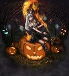  bad_id bad_pixiv_id bare_shoulders bare_tree bat_wings black_footwear black_skirt boots fire ghost h2o_(dfo) hair_ornament halloween headband jack-o'-lantern knee_boots original plant signature silver_hair skirt staff tombstone tree vines wings witch 