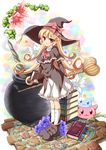  :3 black_footwear blonde_hair book book_stack bow cauldron cobblestone daisy flower hat hat_bow highres kenkou_toshikou lily_(flower) long_hair looking_at_viewer open_mouth original plant red_eyes shoes socks staff white_legwear witch witch_(puyopuyo) witch_hat 