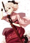  ahoge bangs boots breasts cherry_blossoms fate_(series) floating_hair floral_print from_side full_body grey_eyes hakama high_heel_boots high_heels holding holding_weapon japanese_clothes katana kneeling koha-ace looking_at_viewer meiji_schoolgirl_uniform okita_souji_(fate) okita_souji_(fate)_(all) one_side_up parted_lips petals purple_hakama sheath shinooji short_hair small_breasts solo squatting sword unsheathing weapon white_hair wrist_guards 
