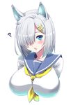  ? animal_ears blue_eyes blush breasts cat_ears fang hair_ornament hair_over_one_eye hairclip hamakaze_(kantai_collection) kantai_collection kemonomimi_mode large_breasts looking_at_viewer open_mouth perepere-kun school_uniform serafuku short_hair silver_hair simple_background solo upper_body white_background 