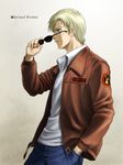  bernard_wiseman blonde_hair character_name gradient gradient_background gundam gundam_0080 hand_in_pocket male_focus solo sunglasses 