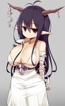  bandaged_arm bandages black_hair bra breasts choker commentary_request danua draph dress expressionless fingerless_gloves frown gloves granblue_fantasy highres horn_ornament horn_piercing horns huge_breasts jitome long_hair looking_at_viewer pointy_ears red_eyes sawati solo underwear very_long_hair 