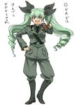  :d anchovy anzio_military_uniform belt black_footwear black_neckwear black_ribbon boots check_translation chikuwa_(tks) drill_hair fangs full_body girls_und_panzer green_hair hair_ribbon hand_on_hip holding long_hair long_sleeves military military_uniform necktie open_mouth orange_eyes pants pointer ribbon simple_background smile solo standing translated translation_request twin_drills twintails uniform v-shaped_eyebrows white_background 