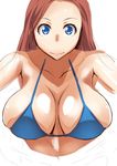  1girl bikini blue_eyes breasts character_request cleavage close-up closeup copyright_request kunifuto looking_at_viewer pink_hair simple_background sketch skindentation smile solo swimsuit 